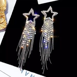 Silver Rhinestone 18k White GP Star Tassel Earrings